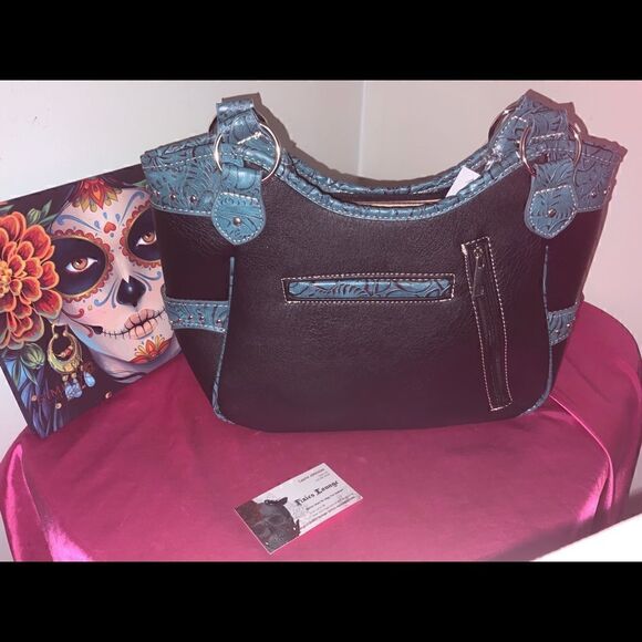 Rhinestone Cross Embroidered Carry Handbag In Teal - Picture 2 of 3